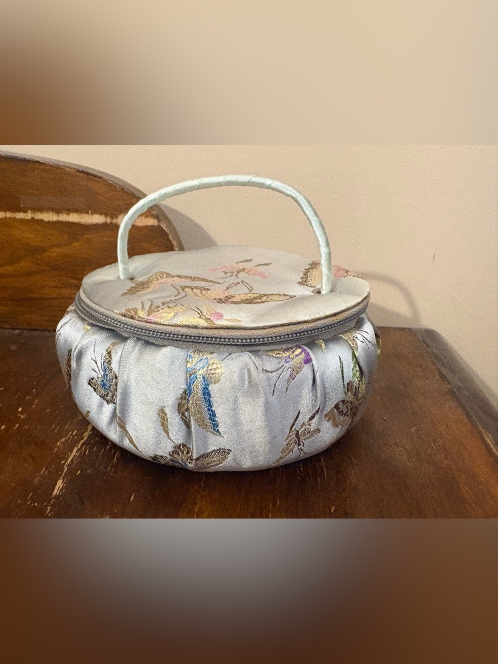 Vintage Round Top-Handle Bag Case in Light Silver Blue makeup jewelry
